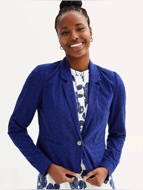 New Draper James Eyelet Textured Notch Lapel Women’s Blue Blazer Jacket Sz XL